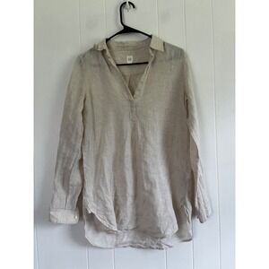 Gap Women Beige 100% Linen Long Sleeve Split Neck Tunic Shirt XS